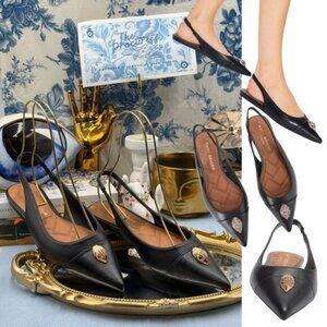 🆕 KURT GEIGER LONDON 🧿 NWOB Belgravia Black Leather Flat Slingback, Sz 37 US 7